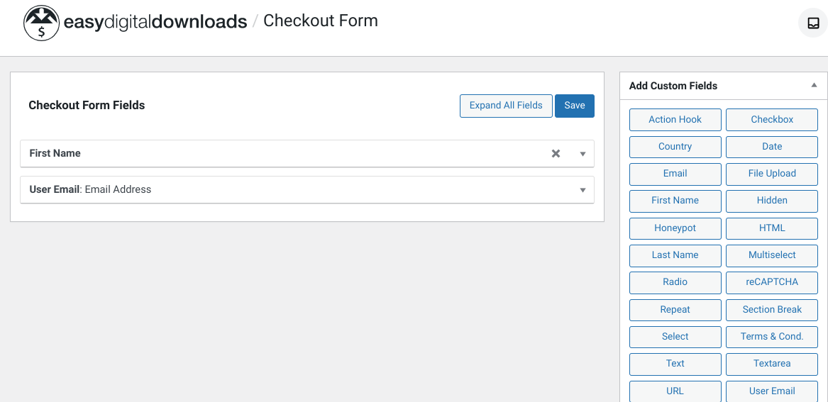 The Checkout Fields Manager checkout form interface in EDD.