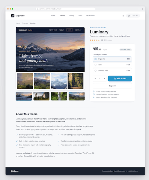 WordPress テーマの販売に使用される Easy Digital Downloads 製品ページのプレビュー。