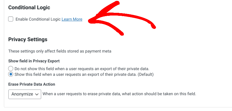 The setting to enable conditional logic checkout fields for WordPress.