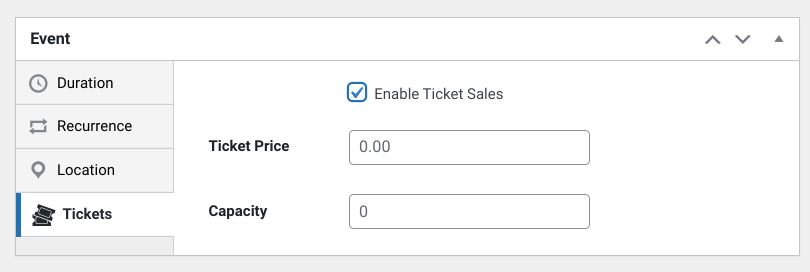 The Enable Ticket Sales option in WordPress.