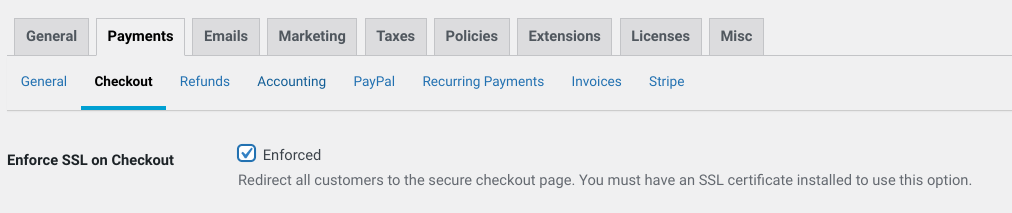 The option to use Easy Digital Downloads to enforce SSL at checkout.