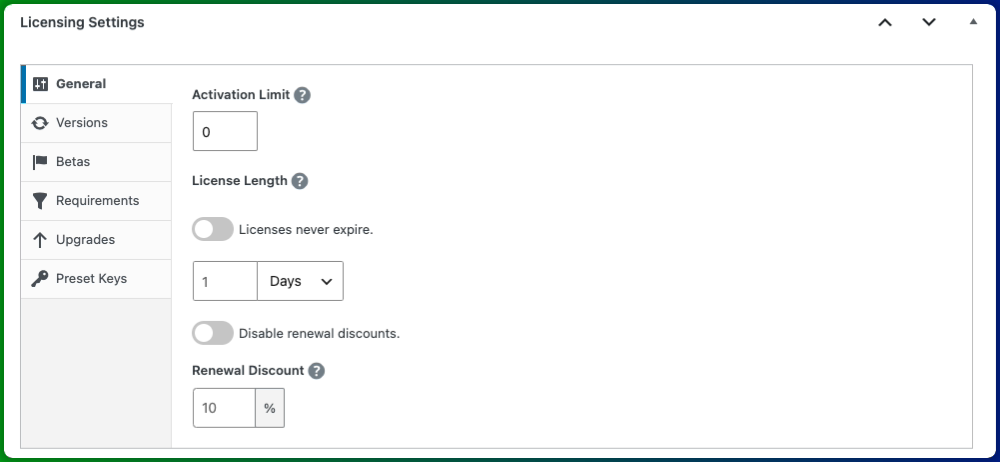 WordPress テーマを販売するためのデジタル製品ページでの EDD ソフトウェアライセンス設定。
