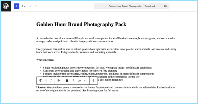 Se está creando una página de producto digital para vender fotos en línea con WordPress a través de EDD.