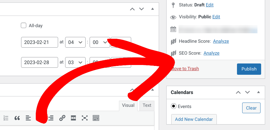 The option to add new calendar and publish in WordPress. 
