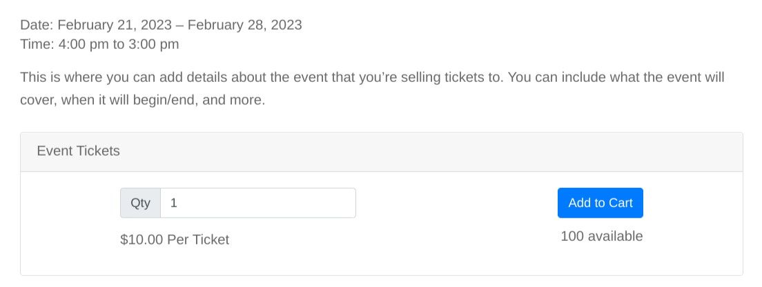 A preview of a page to sell tickets online with WordPress & Sugar Calendar. 