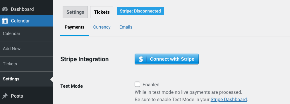 The option to connect with Stripe in Sugar Calendar settings.
