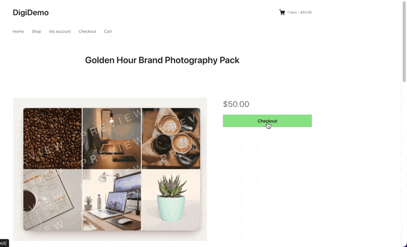 Página de producto para 'Golden Hour Brand Photography Pack' que muestra un collage de seis imágenes a la izquierda y un precio de .00 con un botón verde de Pago a la derecha.