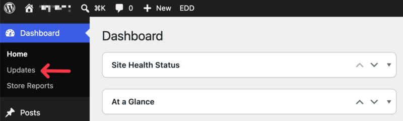 wordpress-dashboard-updates – Easy Digital Downloads O item de menu Atualizações no painel da área administrativa do WordPress.
