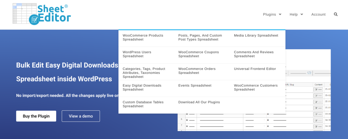 The WP Sheet Editor plugin to bulk edit digital products in EDD.