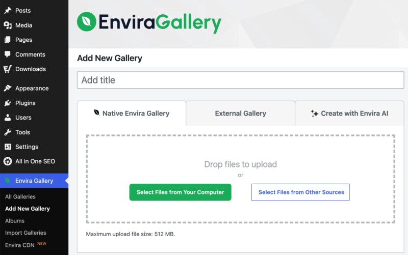 Envira Gallery : page Ajouter une nouvelle galerie dans l'administration WordPress avec une zone de téléchargement et trois options de galerie (Native, Externe, Créer par IA) dans la navigation supérieure et le menu d'administration gauche visible