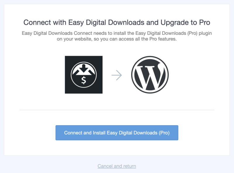 Schermata Connetti e Installa Easy Digital Downloads (Pro).