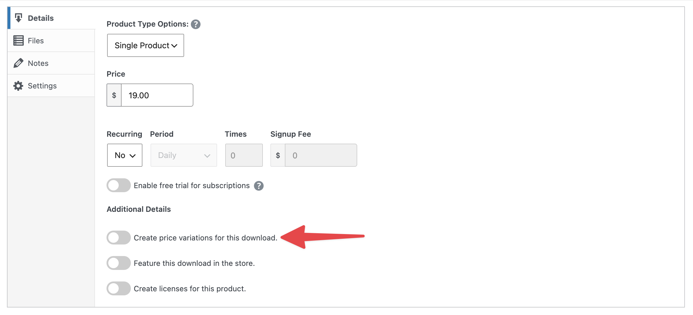 Cuadro de detalles de precios con opción para crear variaciones de precio para una descarga en Easy Digital Downloads.