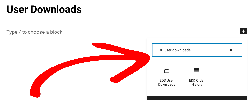 Inserting an EDD block to display user downloads in WordPress.