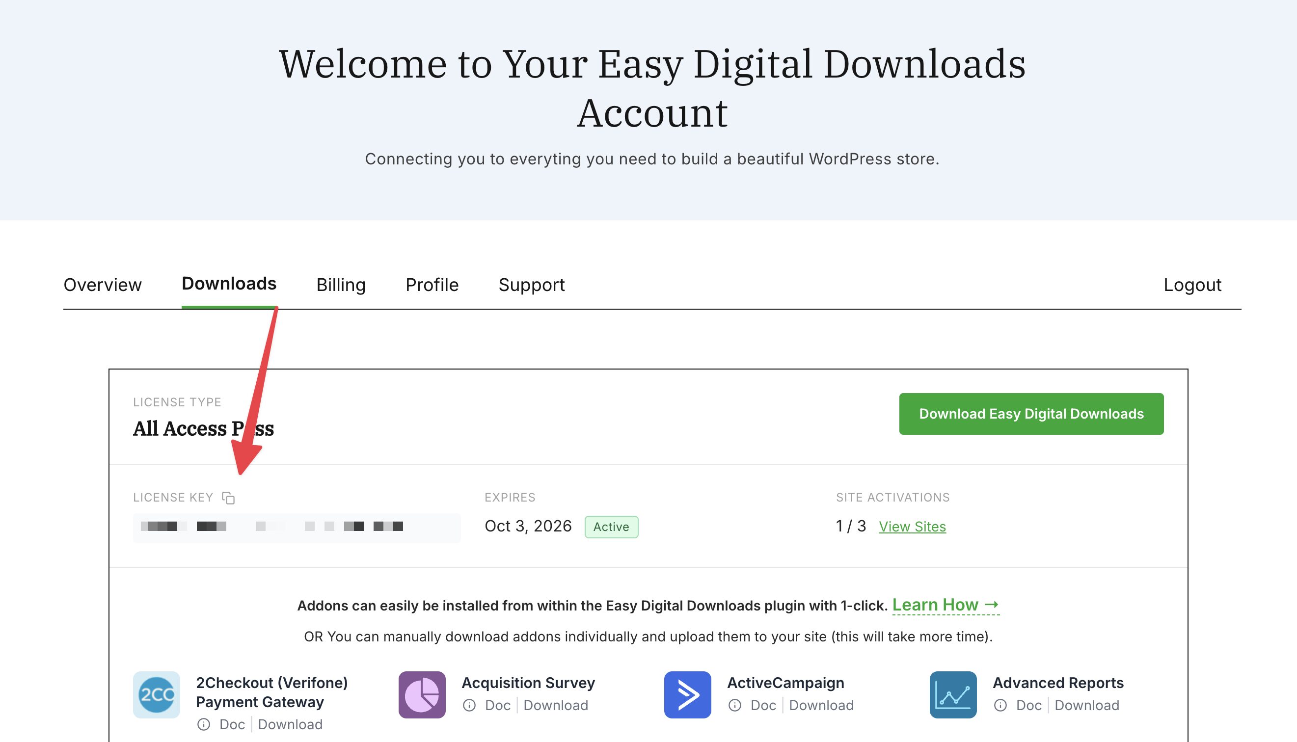Chiave di licenza nell'account Easy Digital Downloads Pro.