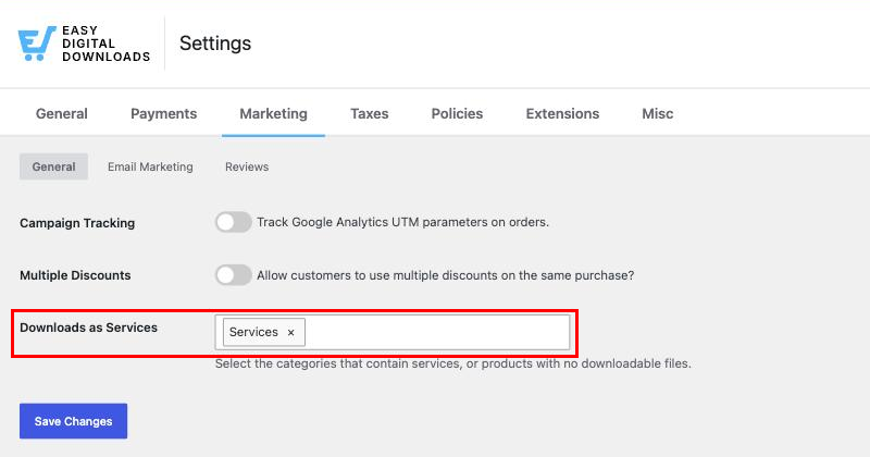 Configuración de la categoría Descargas como Servicios en los ajustes de Marketing de EDD