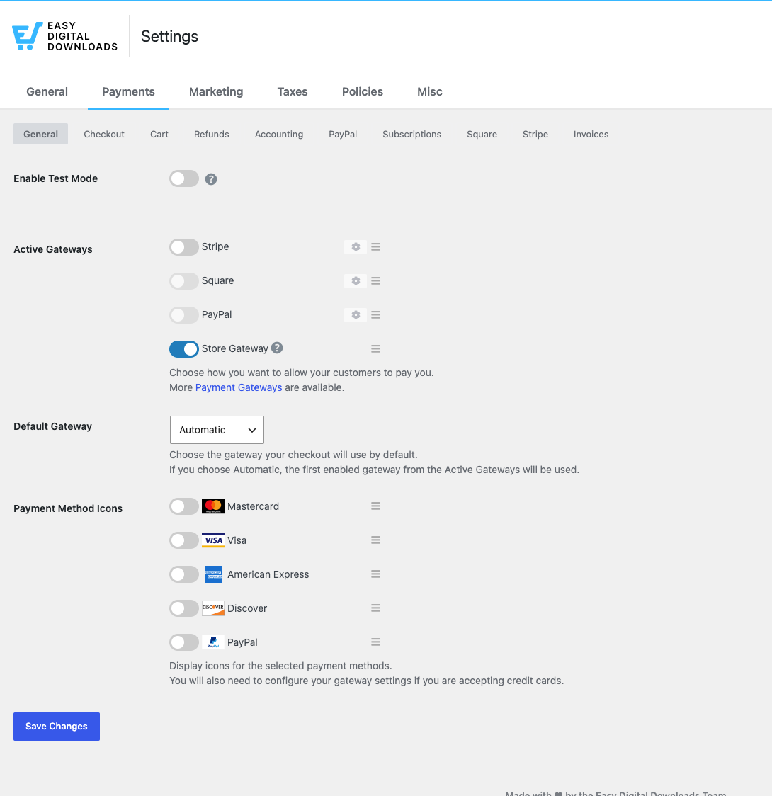 Les options de l'onglet Général des paramètres de paiement dans le plugin Easy Digital Downloads.
