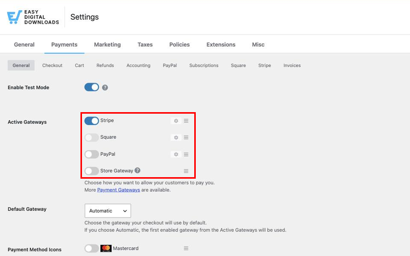 Configuración de pagos de EDD mostrando pasarelas activas.