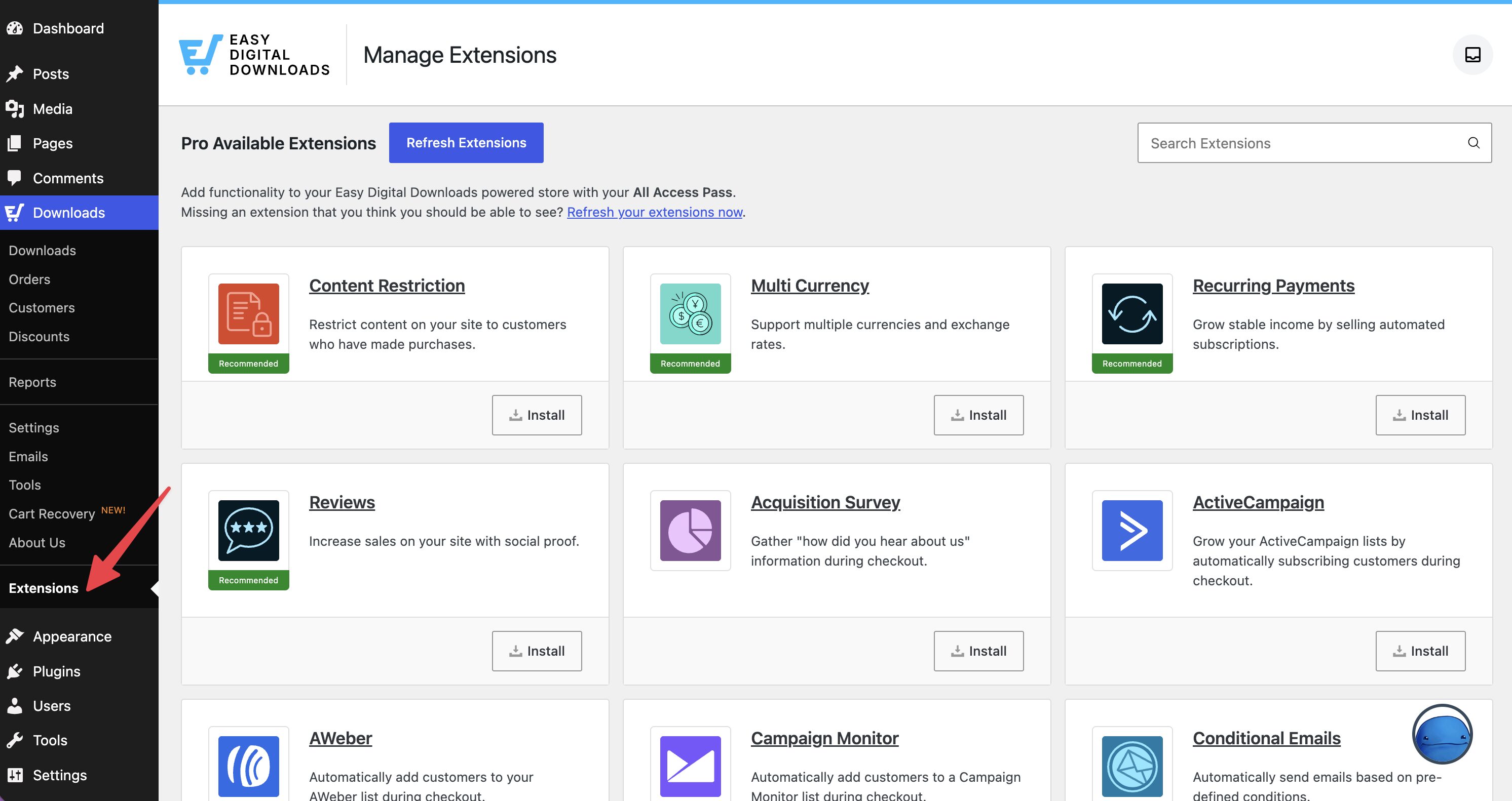 La schermata Estensioni in Easy Digital Downloads Pro.
