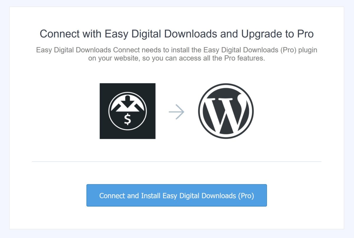 Screenshow of the upgrade site which shows the explanation for and button to connect and install EDD (Pro).