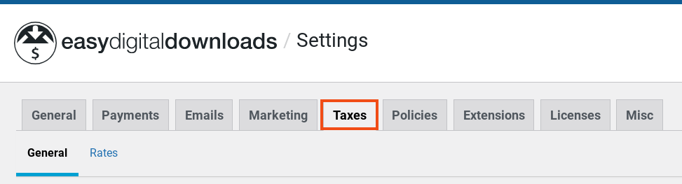The taxes settings tab in Easy Digital Downloads.