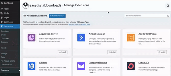 The EDD extensions screen in WordPress.