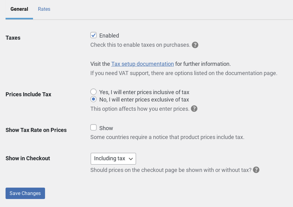 The eCommerce sales tax settings in WordPress/EDD.