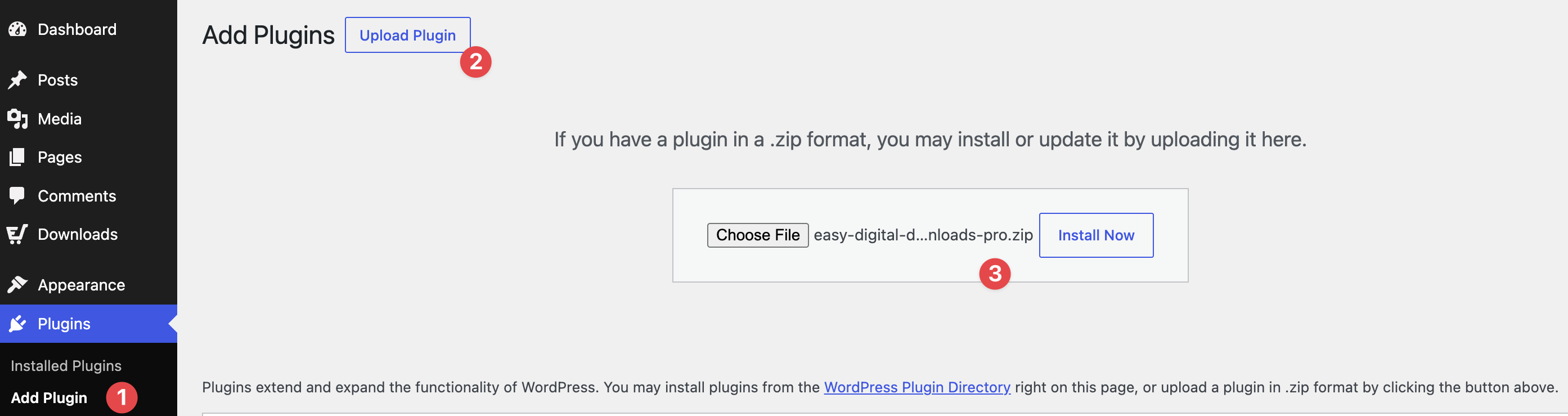 Installazione manuale del plugin Easy Digital Downloads Pro.