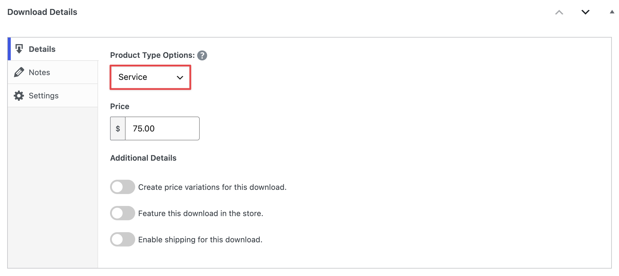 Configurando la caja de producto Detalles de Descarga de EDD para vender servicios en un sitio web de WordPress.