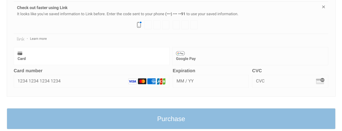 The Payment Info section of the EDD checkout page using Stripe payment element/Link.