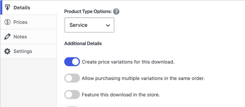 Caja de Detalles de Descarga de EDD con el tipo de producto Servicio configurado en variaciones de precio.