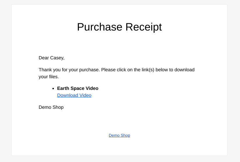 A purchase receipt after selling a video online in WordPress.