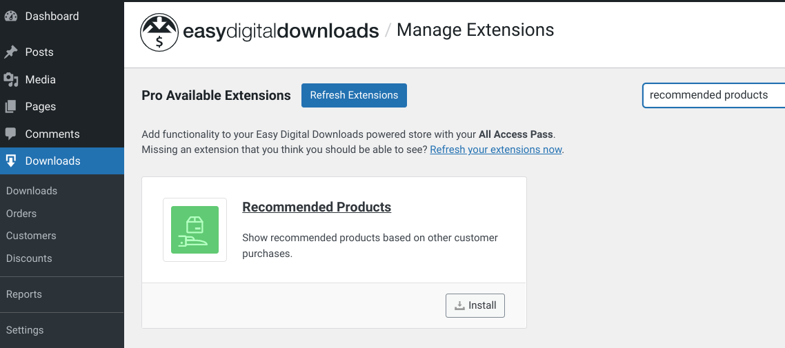 The Easy Digital Downloads extension page to install Recommended Products.