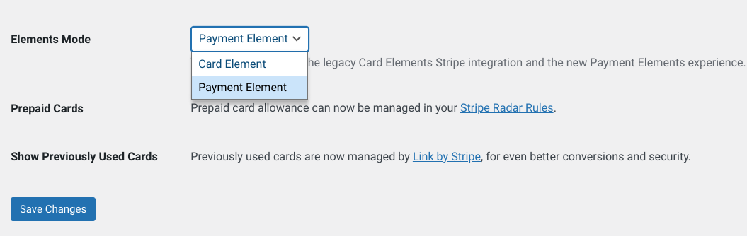 Selecting the Stripe Payment Element in WordPress via Easy Digital Downloads. 