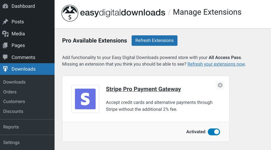 Installing the Stripe Pro payment gateway extension in WordPress. 