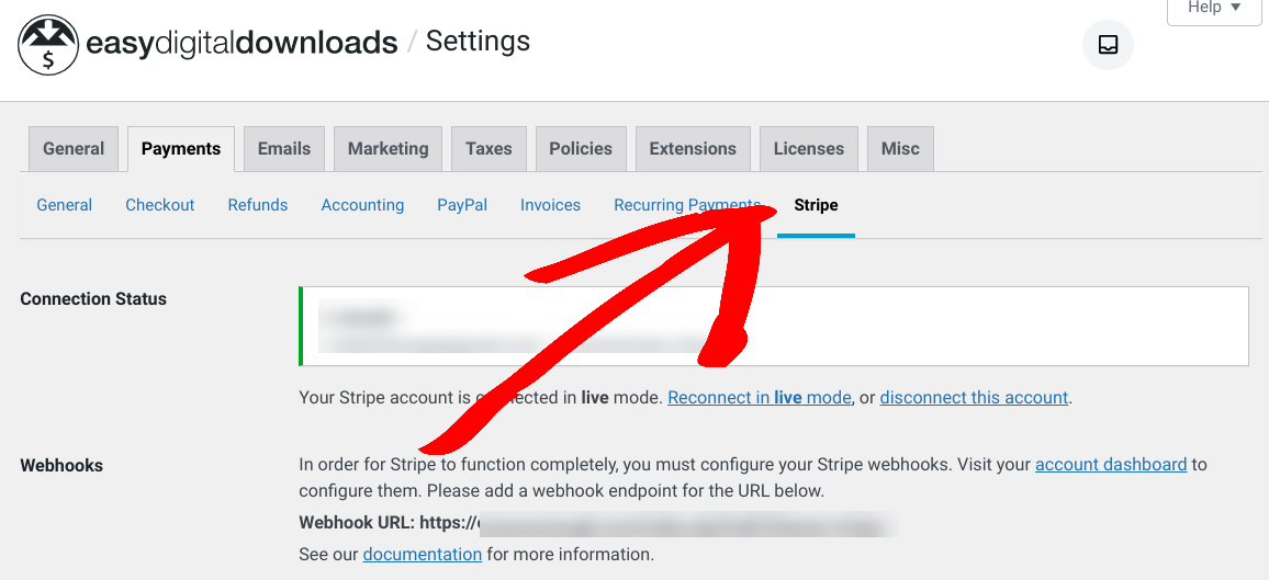 The Stripe settings in Easy Digital Downloads & WordPress.