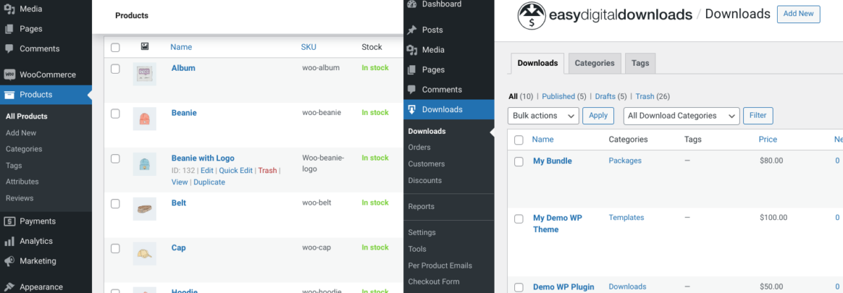 WooCommerce vs. Easy Digital Downloads dashboards.