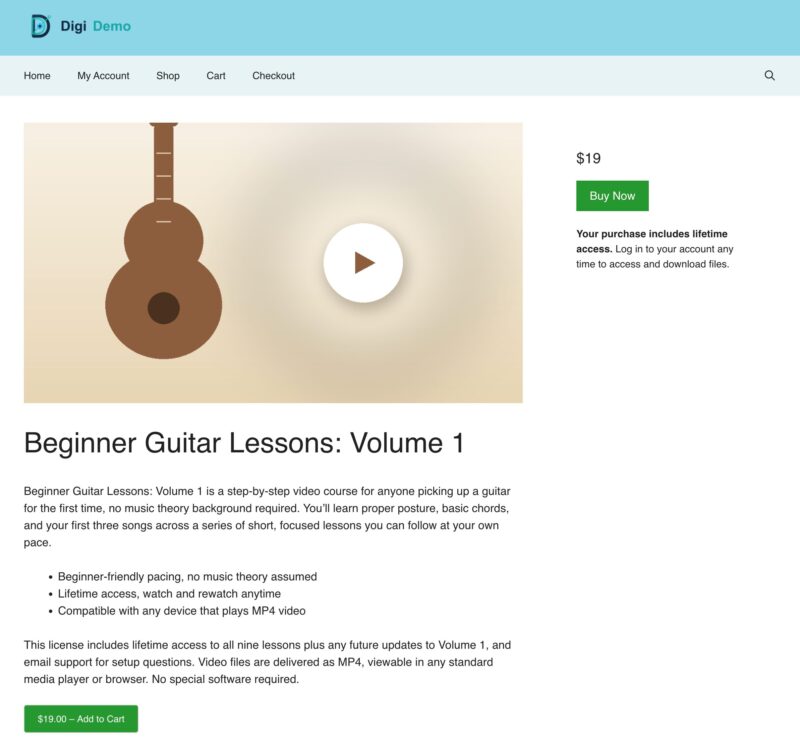 Página de producto de tienda online de WordPress vendiendo videos con Easy Digital Downloads.
