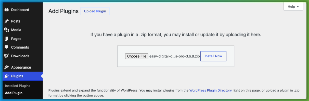 WordPress管理画面：ファイルアップロードフォームと「今すぐインストール」ボタンが中央に表示され、左側のナビゲーションが表示されている「プラグインを追加」ページ