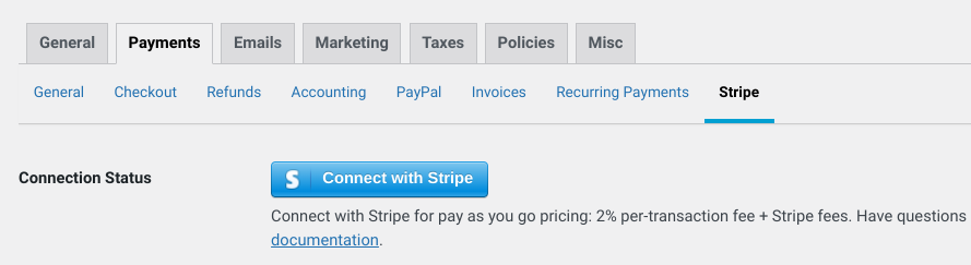 The option to Connect with Stripe in EDD payment settings. 