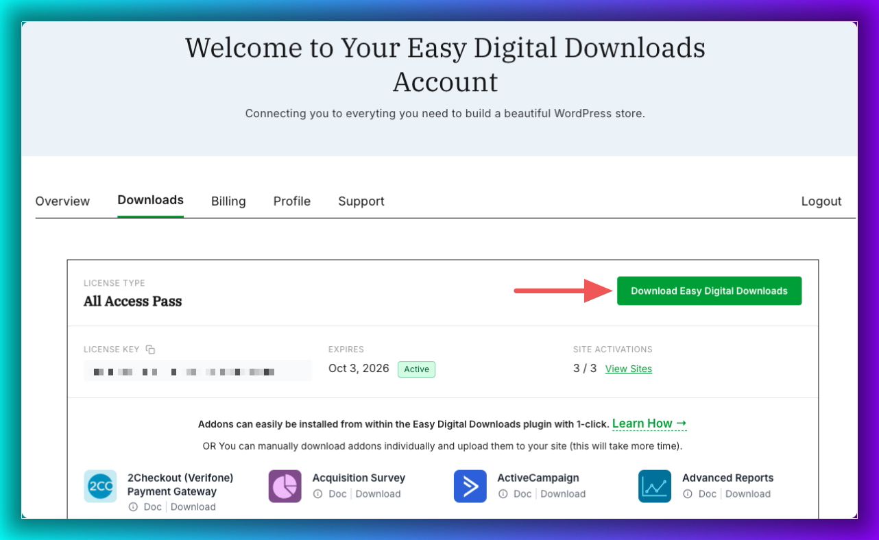 Easy Digital Downloads Pro アカウントダッシュボード。