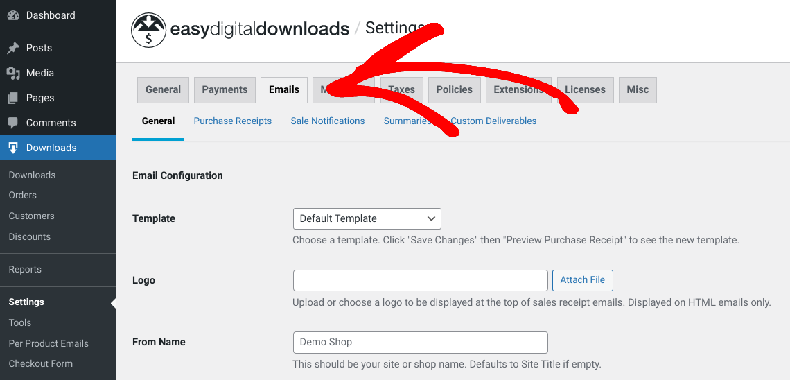 The Easy Digital Downloads store email settings.