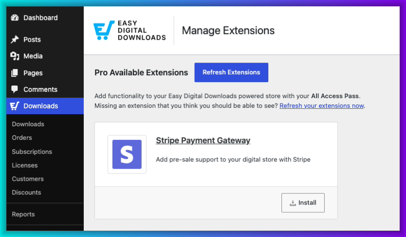 Easy Digital Downloads の拡張機能 » ストライプ Pro をインストールボタン付きで表示。