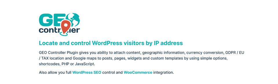 The Geo Controller (CF Geo) WordPress plugin banner.