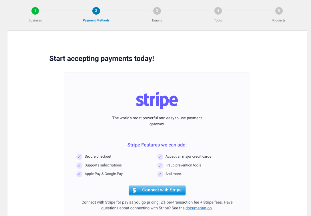 The option to connect to Stripe in WordPress via EDD onboarding wizard.