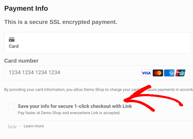 The option to save payment details in WordPress with Stripe Link 