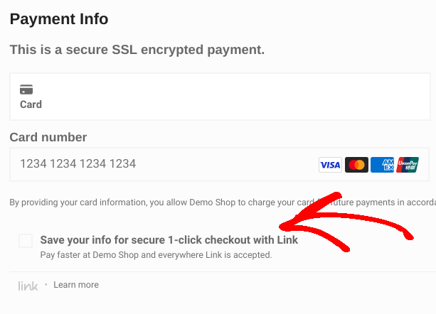 The option to save payment details in WordPress with Stripe Link