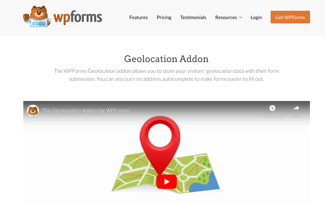 The WPFroms Geolocation Addon landing page. 