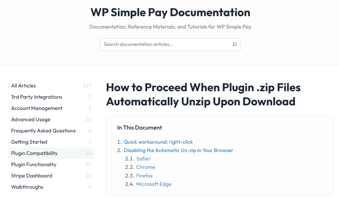 WP Simple Pay documentation explaining to users how to fix files that automatically unzip upon download. 