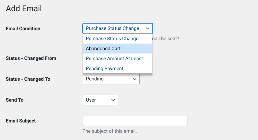 The Easy Digital Download settings to set up an automated email for shopping cart abandonment in WordPress. 