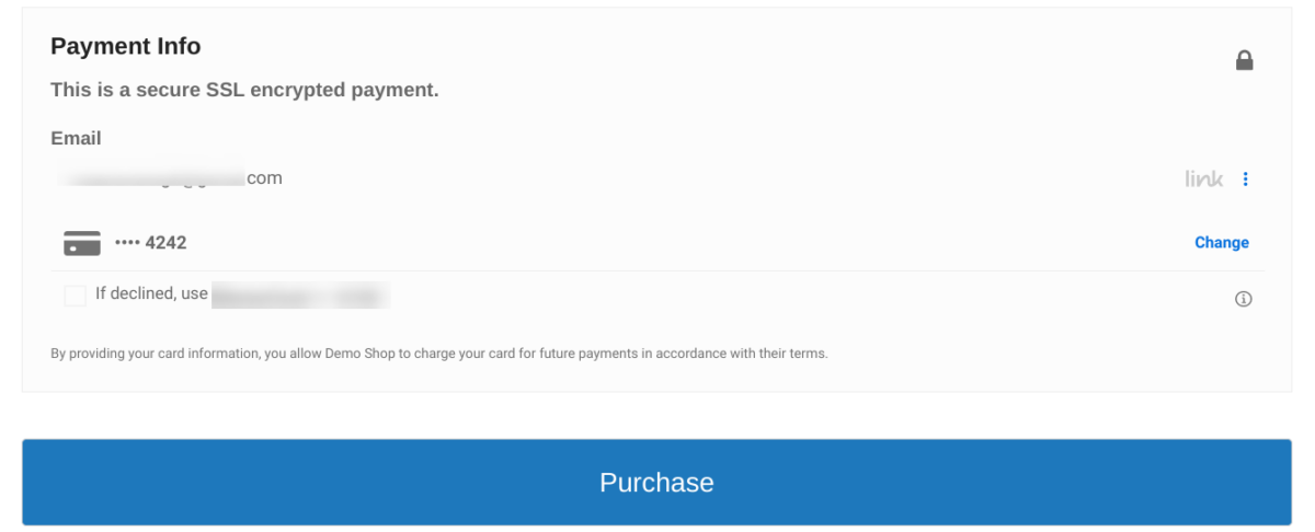 Choosing a saved payment method via Stirpe Link. 